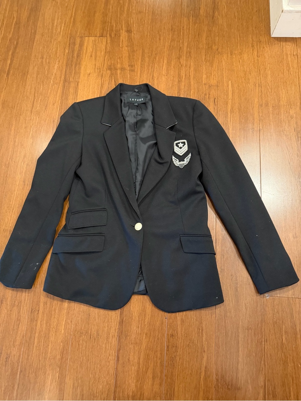 Salvage Black Women's Single-Button Blazer with Embroidered Crest Patch